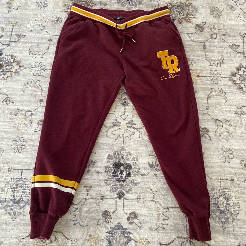 True Religion Burgundy and Gold Collegiate Women’s Joggers Sz L